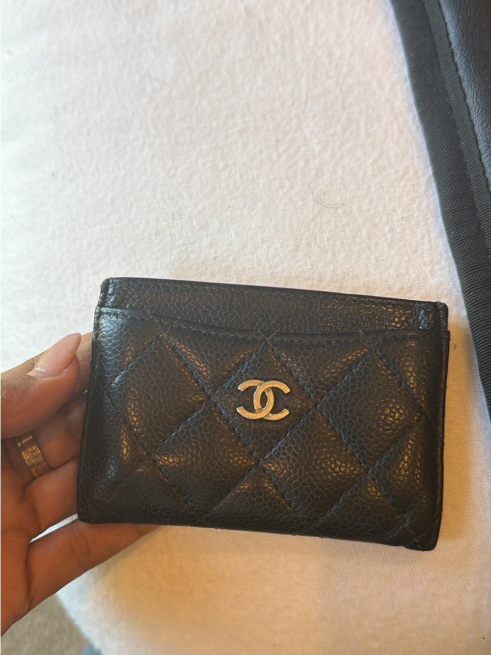 CHANEL Black Quilted Leather Card Holder with Gold CC Logo